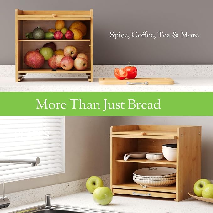 Bamboo Bread Box for Kitchen Countertop, Double Layer Kitchen Counter Organizers and Storage for Fruits, Tea, Spices, Coffee, Vintage Bread Bin Container with Cutting Board, Natural