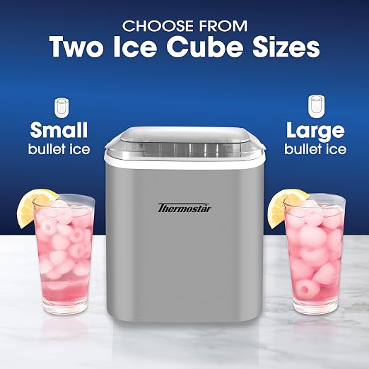 Nostalgia Thermostar Automatic Self-Cleaning Portable Electric Countertop Ice Maker Machine, 26 Pounds in 24 Hours, 9 Ice Cubes Ready in 7 Minutes, with Ice Scoop and Basket, Silver