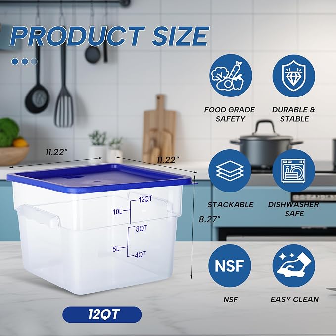 4 Pack 12 Quart Food Storage Containers with Lids, Polycarbonate Square Commercial Food Containers, NSF, Clear, New Version