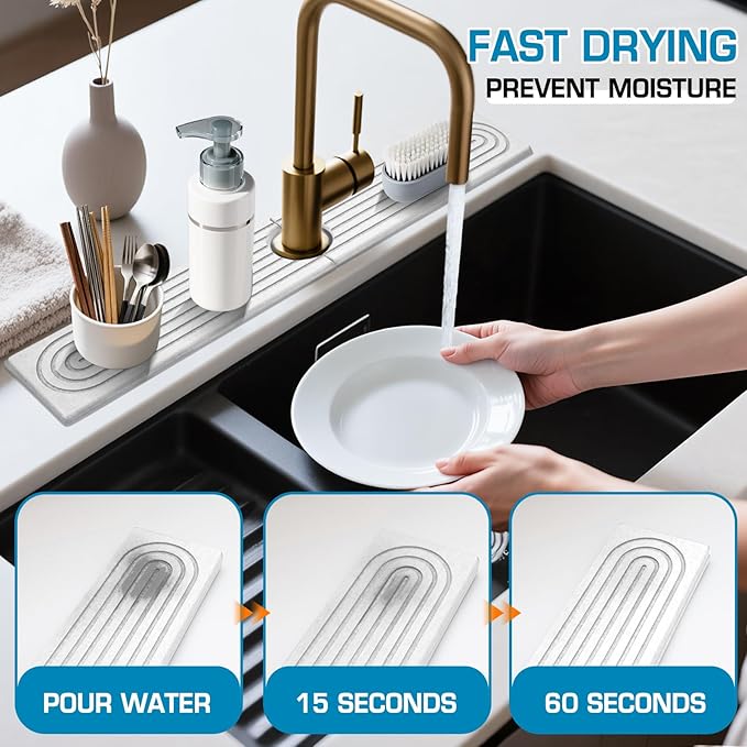 Faucet Mat for Kitchen Sink, Diatomite Quick Drying Tray, Long 23.6'' Kitchen Sink Splash Guard and Bathroom Stone Tray for Counter. Super Absorben. (White-Rectangle, 23.6" x 4")