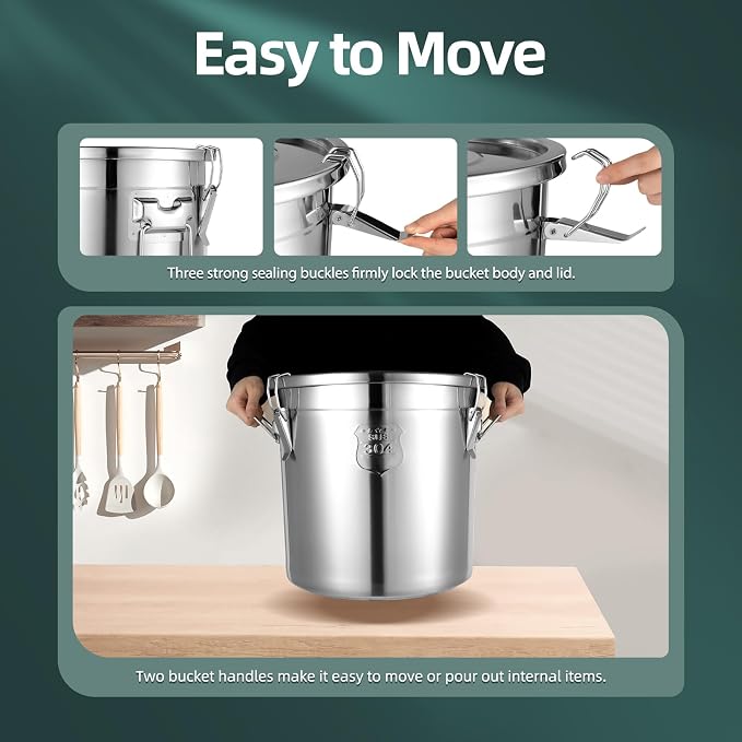 DYNAMI 5.5Gal 304 Stainless Steel Airtight Container with Lid and Locking Clamp,17-38Lbs Metal Bucket Stainless Steel Drum Large Canister for Kitchen,Dog Food/Bird Seed/Coffee Storage Container(21L)