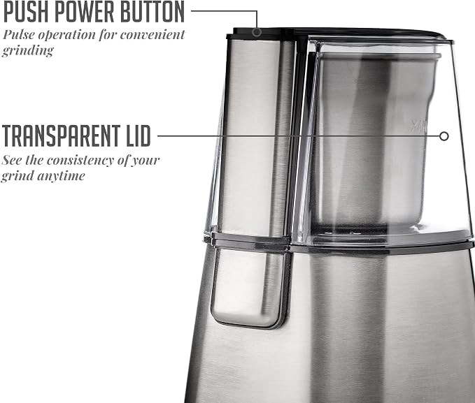 OVENTE Electric Coffee Grinder, 200W Powerful Coffee Bean & Spice Grinder with 2.1 Oz Removable Grinding Bowl, Stainless Steel Blade, Push Power Button, Transparent Lid & Anti-Skid Feet, Silver CG620S