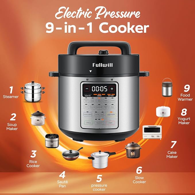 Fullwill 6qt Electric Pressure Cooker, 9-in-1 Versatile Kitchen Appliance Slow Cooker, Rice Cooker, Yogurt Maker, Cake Maker, Sauté Pan, Steamer, Food Warmer and Soup Maker