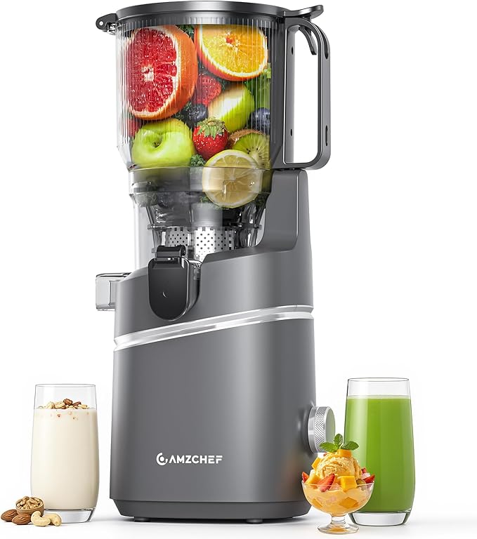 AMZCHEF Cold Press Juicer – 6.5" Wide Mouth Hopper for Whole Recipe Loading, Self Feeding for Hands-Free Operation, Zero Waste Masticating Juicer For More Juice, Less Pulp – Triple Strainers
