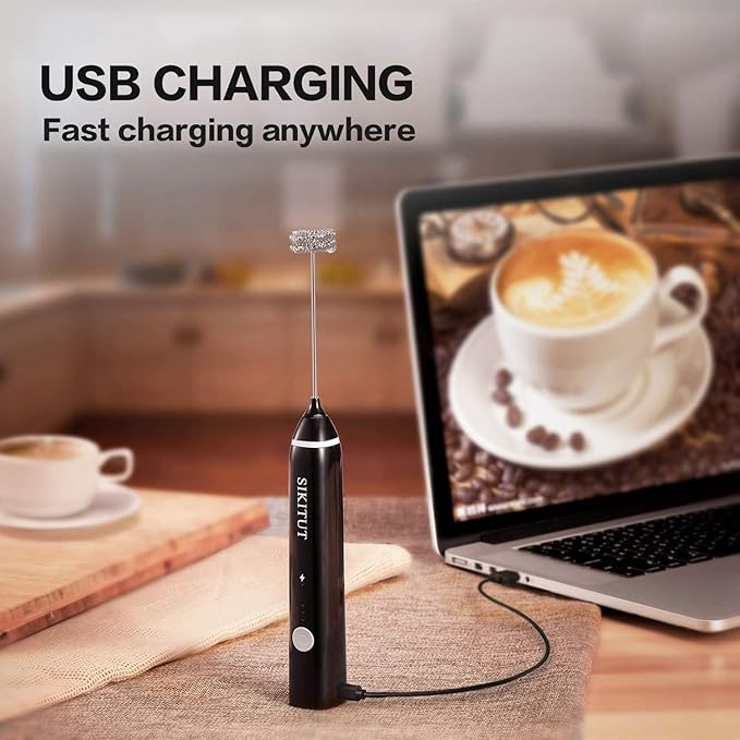 Rechargeable Milk Frother, Electric Foam Maker with 2 Stainless Steel Whisks, for Dalgona Coffee Latte Cappuccino Egg Mix and More, Bonus Extra 16 Pcs Art Stencils