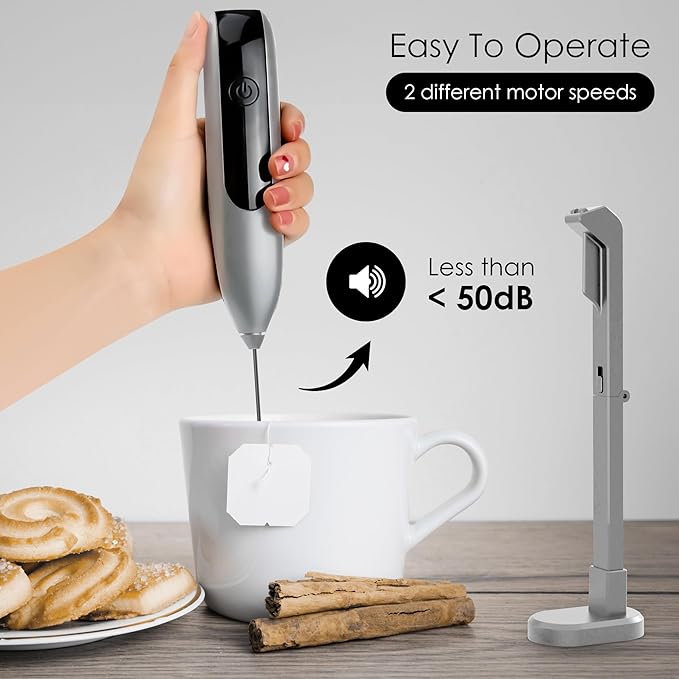 GOCHA | FrothMaster X2 Rechargeable Milk Frother – 2-Speed Handheld Foam Maker for Coffee, Lattes, Matcha – USB-C Charging, Stainless Steel Whisk, Stand Included (Silver)