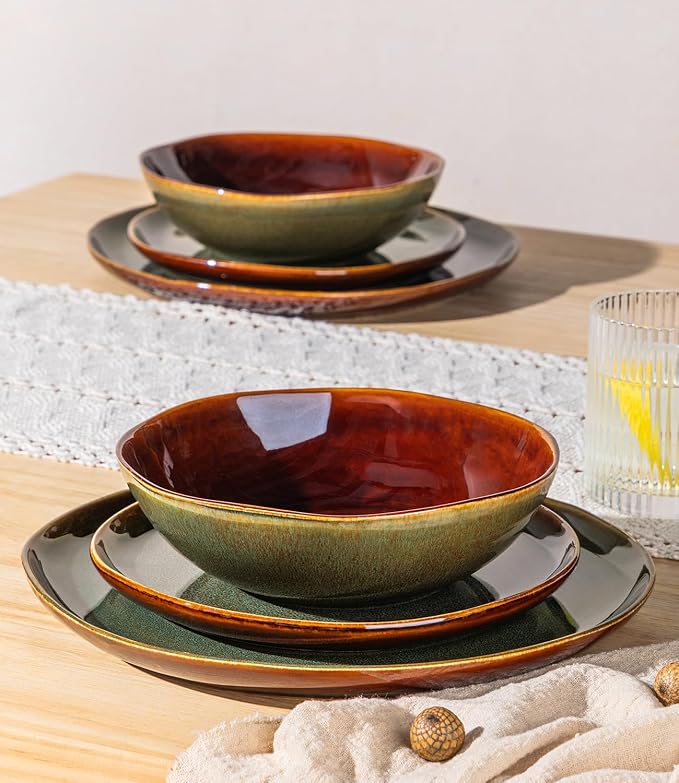 GBHOME Stoneware Dinnerware Sets for 4, 12 Pieces Rustic Earthenware Plates and Bowls Set, Handmade Reactive Glaze Ceramic Plate Sets, Chip Resistant Dishes, Microwave & Dishwasher Safe, Brown Green