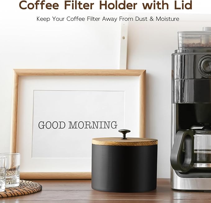 Coffee Filter Holder, Wood Filter Storage Container for Counter&Recipe Box, Wood Recipe Card Box Set, Recipe Box with 100 Cards and 6 Dividers