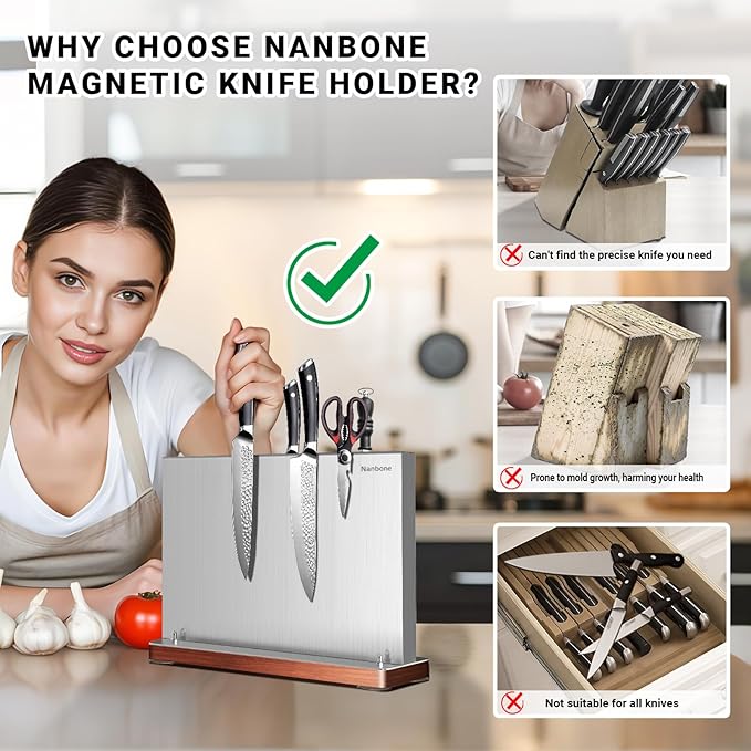 Magnetic Knife Block Stand Without Knives Double Sided Magnetic Knife Holder Rack for Kitchen Counter Stainless Steel Knife Magnetic Strip Display Stand Storage Organizer with Wood Base
