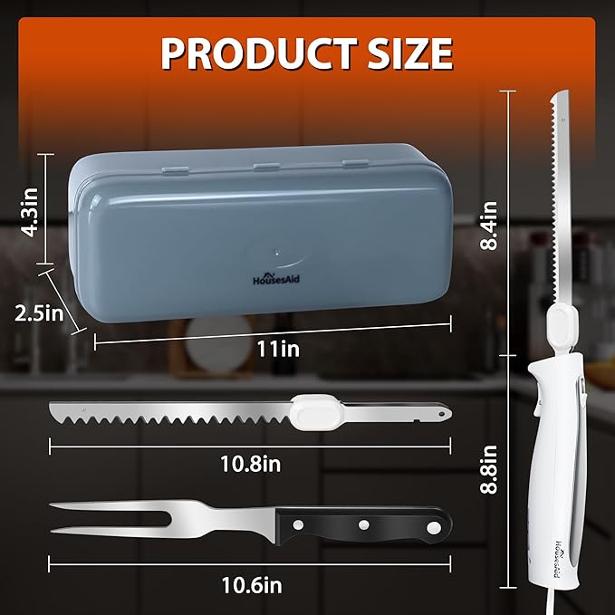 Electric Knife, Electric Carving Knife Set with Two Serrated Stainless Steel Blades, Carving Fork, with Non Slip Handle, Safety Lock and Storage Case for Meat, Bread Fish,Other and Foods.