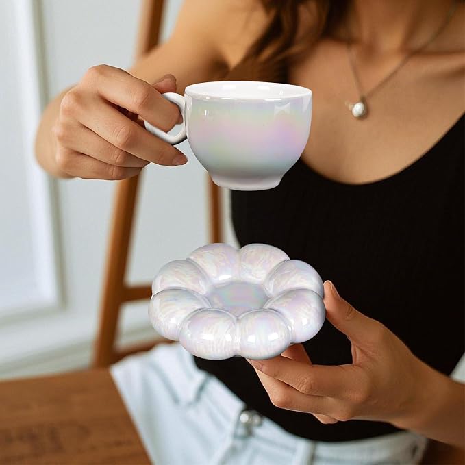 ARISKEY 10oz Coffee Mug for Women,Cute Tea Cup and Saucer Set with Spoon,Perfect for Latte and Milk, A Warm Choice for Mother's Love,Pearl White
