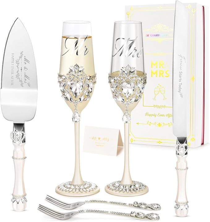 Wedding Cake Knife and Server Set, Luxury Handcrafted Crystal Champagne Flutes with Silver Petal Rhinestones and Pendant, Cake Cutting Set for Wedding, Engagement Gifts for Couples, Gift-ready Box