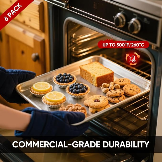 TENUP 6 Pack Aluminum Half Sheet Pan, 18" x 13" Heavy Duty Commercial Baking Tray Reinforced Rim, Warp-Resistant Rust-Free