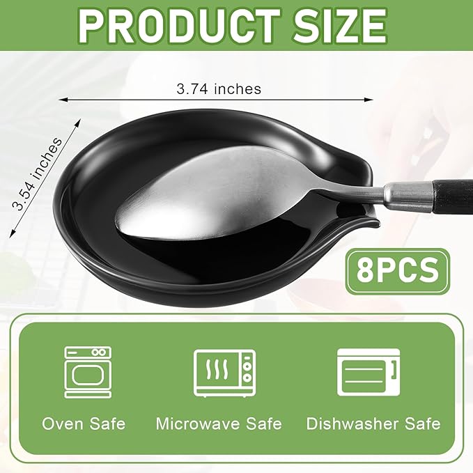 Irenare 8 Pcs Ceramic Spoon Rest for Stove Top, 3.74 Inch Porcelain Spoon Holder, Coffee Utensil Rest Heat Resistant Dishwasher Safe for Home Kitchen Accessories Gift(Black)
