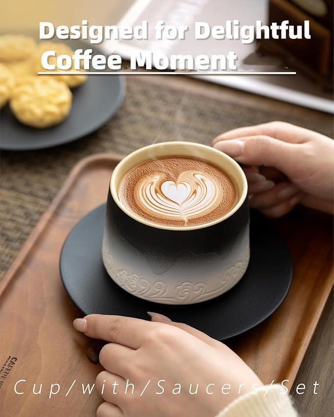 8 oz Cappuccino Cups Set of 2, Embossment Artistic Ceramic Coffee Cups with Saucers Set for Latte Art, Stoneware Cups for Cafe Au Lait, Black Tea, Coffee Lovers Gifts