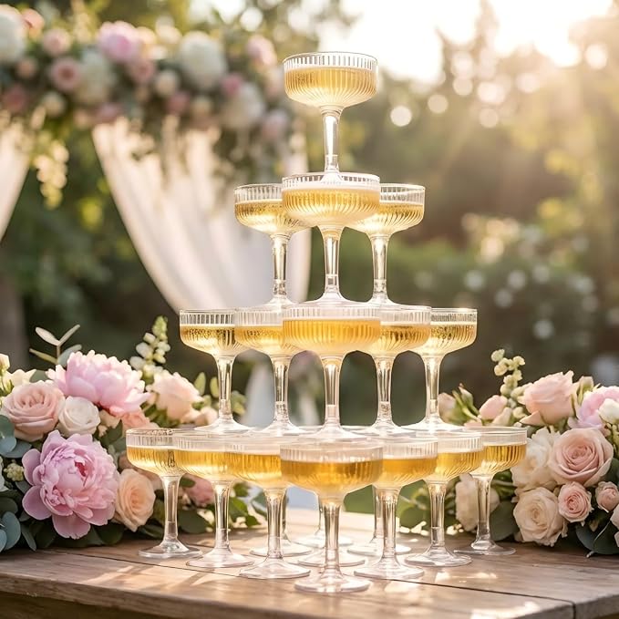 Goodluck 4-Tier Champagne Glasses - 20 PCS 7oz Glitter Gold Plastic Champagne Flutes,Plastic Coupe Glasses with Vertical Stripes for Weddings, Celebrations, Parties & Birthdays