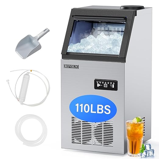 ROVSUN Stainless Steel Commercial Ice Maker Machine, Make 110lbs/24h, 24lbs Storage,Under Counter/Freestanding Automatic Ice Machine for Home Restaurant Bar Cafe