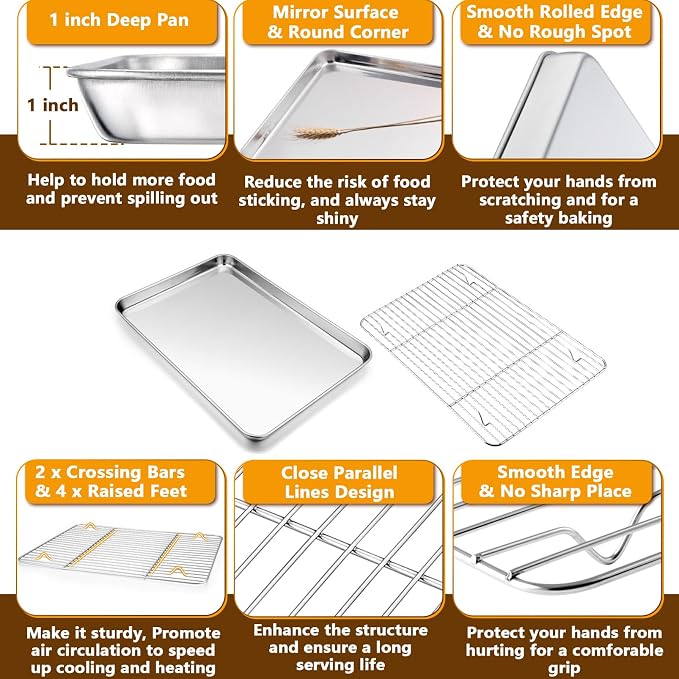 P&P CHEF 16 + 12.5 Inch Stainless Steel Baking Sheet with Rack Set (2 Pans+ 2 Racks), Cookie Sheets Baking Trays and Cooling Wire Racks, Oven & Dishwasher Safe, Pans with Flat Racks