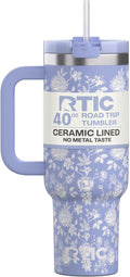 RTIC 40 oz Road Trip Tumbler Double-Walled Cermaic Lined Insulated Stainless Steel Portable Travel Coffee Mug Cup with Lid, Handle and Straw, Periwinkle Bouquet