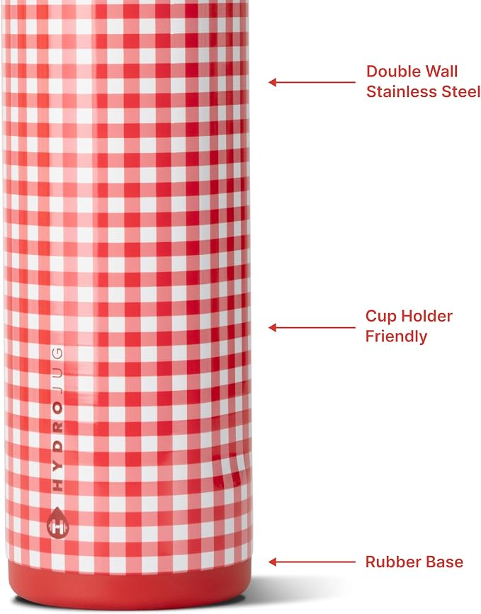 HydroJug Ease2o Water Bottle with Straw & Chug Lid, Stainless Steel, Vented Cap to Help Reduce Pressure, Water-Level Window, Cup Holder Friendly, Non-Slip Base – 24oz, Summer Picnic