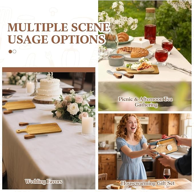 Ziliny 1 Set Bridal Baby Shower Cheese Prizes Wooden Square Board Gift Set Knives Forks Thank You Tags with Box for Guests for Valentines Bridal Baby Shower Housewarming (Teak Wood)