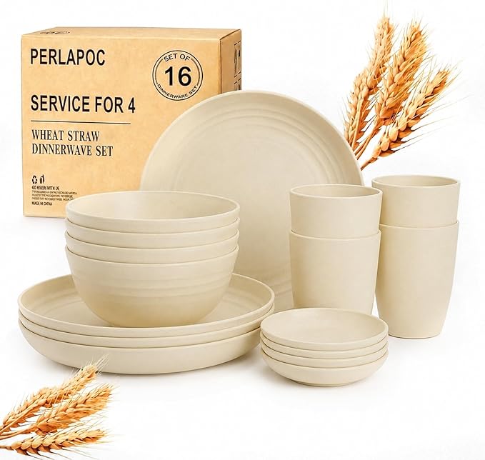 16 Piece Wheat Straw Dinnerware Sets for 4, Unbreakable Dish Set,Reuseable Toddler Plates and Bowls Sets for 4, Lightweight Kitchen Dishware Set for Camping, Picnic Kids Dish Set - Beige