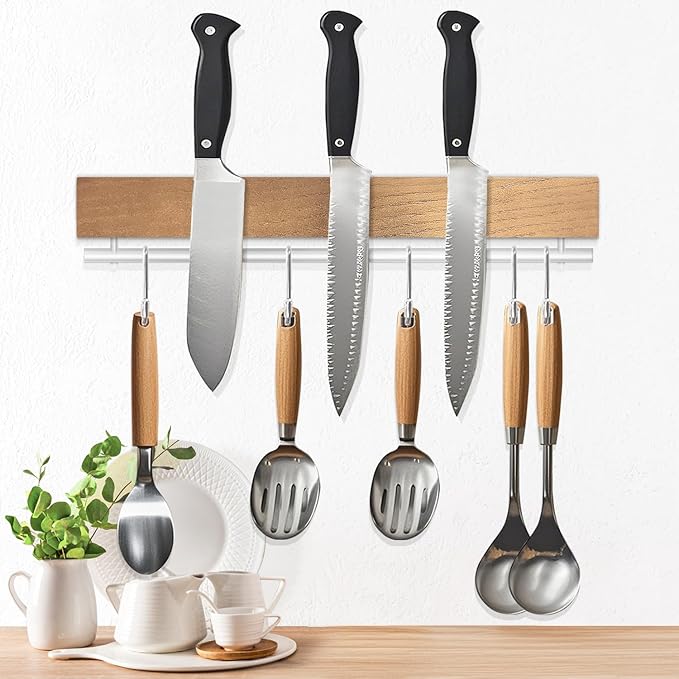 Dmore magnetic knife holder for wall—with 5 hooks, No Drilling 12 Inch Wood knife magnetic strip, Extra Strong Magnet knife rack, include Adhesive Tape and screws for Knives and Tools