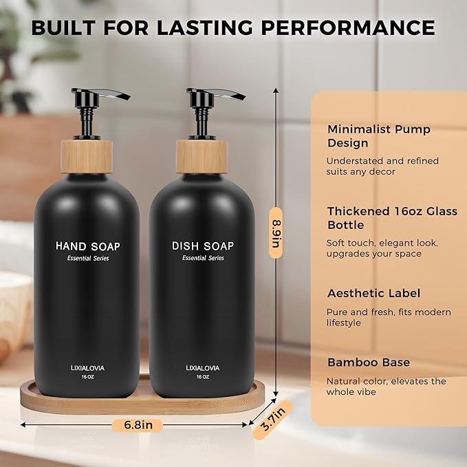 Dish and Hand Soap Dispenser Set with Tray, 16OZ Refillable Glass Bottles and Wood Pump, Double Bottle Countertop Organizer for Kitchen and Bathroom (Black)