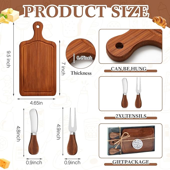 Ziliny 1 Set Bridal Baby Shower Cheese Prizes Wooden Square Board Gift Set Knives Forks Thank You Tags with Box for Guests for Valentines Bridal Baby Shower Housewarming (Carbonized Bamboo)