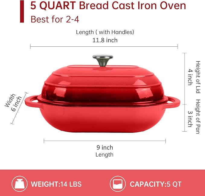 Premium Enameled Cast Iron Dutch Oven for Bread Baking | Non-Stick 5QT Oval Bread Oven with Lid | Perfect for Sourdough, Loaf, and Artisan Baking (Oval Red, 5 QT)
