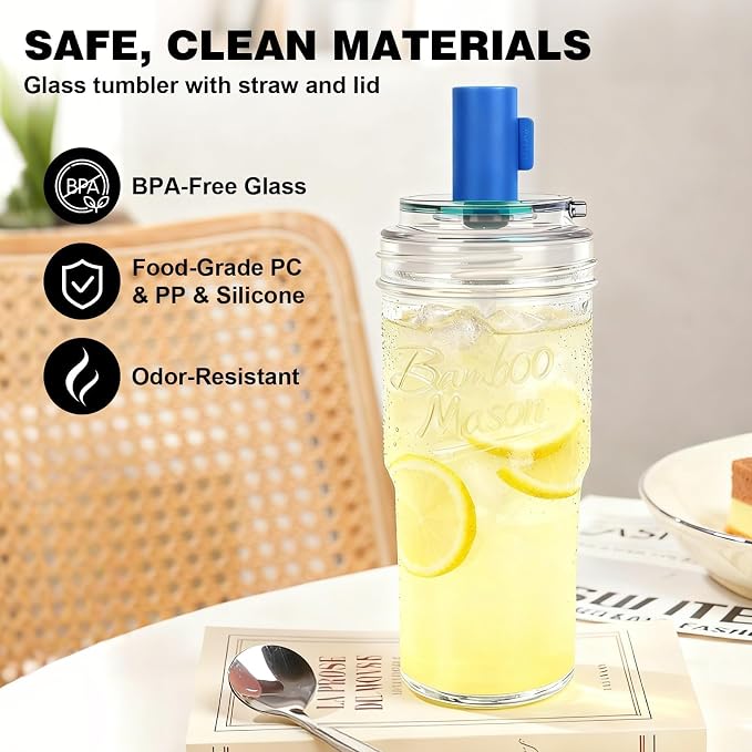 ANOTION 2pc Glass Tumbler with Lids and Straws, Leakproof 24oz Mason Jar Cups, Cap Cup Leak-Proof, Self-Assembly Silicone Straw, Reusable Iced Coffee Smoothie Matcha Cup Aesthetic Coffee Gifts Women