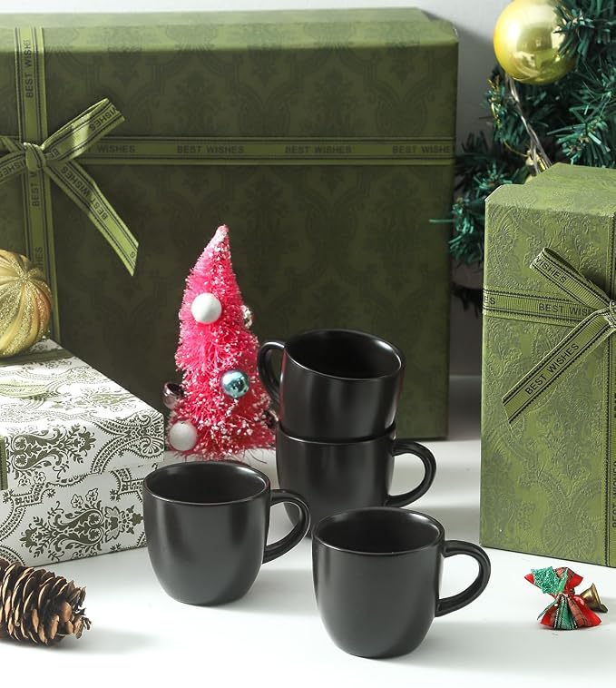 HASENSE 7OZ Espresso Cups,Ceramic Cappuccino Cups Set of 4 with Handle, Demitasse Cups Set for Double shot, Latte, Americano, Cafe Mocha and Tea, Espresso Cups for Home and Office, Black