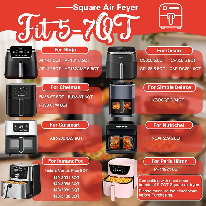 Air Fryer Accessories for Cosori TurboBlaze 6 Qt | 5.8 QT | 6.5 Qt, Ninja AF141, AF142, AF181, Chefman 6QT, 5-6.5 QT Square Basket Air Fryer Accessories Set, Silicone Liner, Grill, Baking Molds