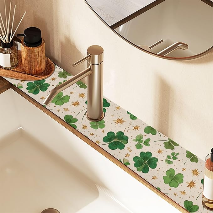Kitchen Sink Splash Guard 1 PC 14.7 Inch Sink Faucet Mat Splash Guard for Bathroom Countertop Water Absorbent Foldable Cuttable Soft Washable Green Clovers and Gold Stars