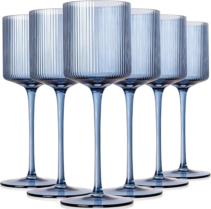 Midnight Blue Colored Square Wine Glasses Set of 6, Ribbed Design Blue Crystal Glassware with Long Stem, 11.5oz Hand Blown Red & White Wine Stemware For Home Dinner Party Wedding Housewarming Gift