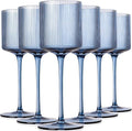 Midnight Blue Colored Square Wine Glasses Set of 6, Ribbed Design Blue Crystal Glassware with Long Stem, 11.5oz Hand Blown Red & White Wine Stemware For Home Dinner Party Wedding Housewarming Gift