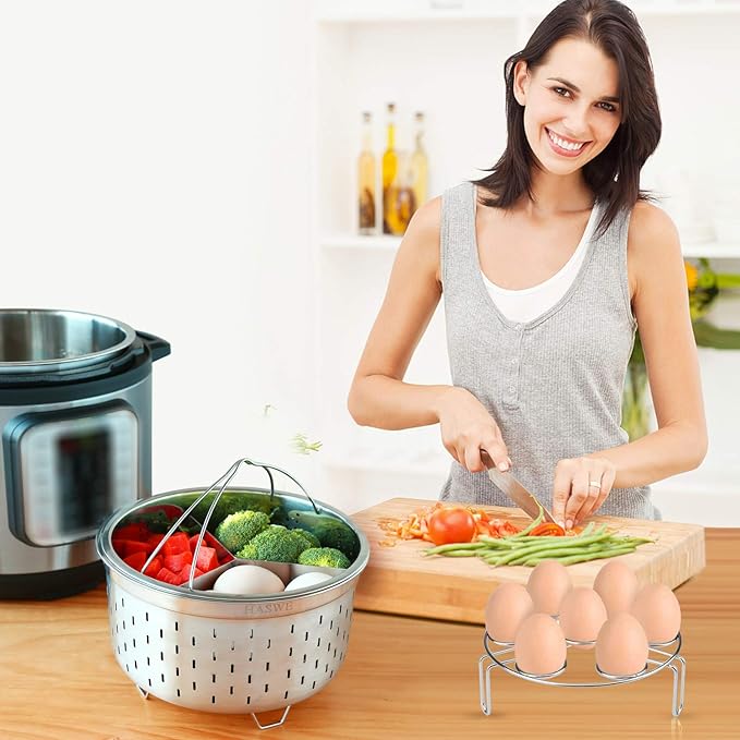 Steamer Basket for instant Pot Pressure Cooker, Accessories Set Compatible with 5/6/8 Qt InstaPot -18/8 Stainless Steel Strainer Insert with Silicone Handle,Divider,Egg Steamer Rack, 6 Quart