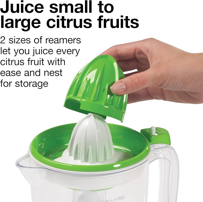 Proctor Silex 34 oz. Electric Citrus Juicer, Orange Juicer | Pressure Activated | 2 Reamers For Big and Small Fruit | Pulp Control | For Orange, Lemon, Grapefruit Juice | White & Green