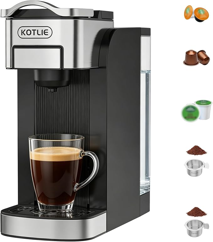 KOTLIE Single Serve Coffee Maker for K*cup/Nes Original/D*G Capsules and Ground Coffee, 50 Oz Removable Reservoir, up to 12oz Cup Sizes,Ideal for Kitchens, apartments, dorm rooms and Offices (CM-827)
