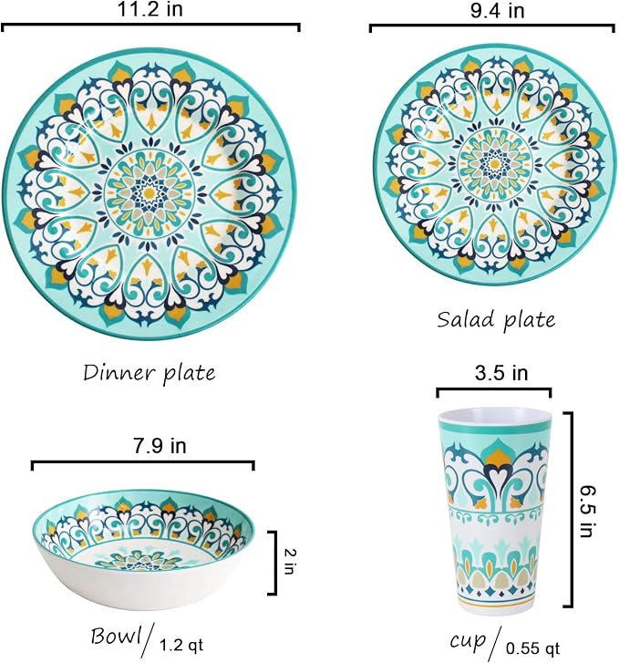Melamine Dinnerware Set for 4-16 Pcs:Camping Dishes Set with Dinner Plates,Salad Plates,Bowls and Cups.Lightweight and Unbreakable.Indoor and Outdoor Use.