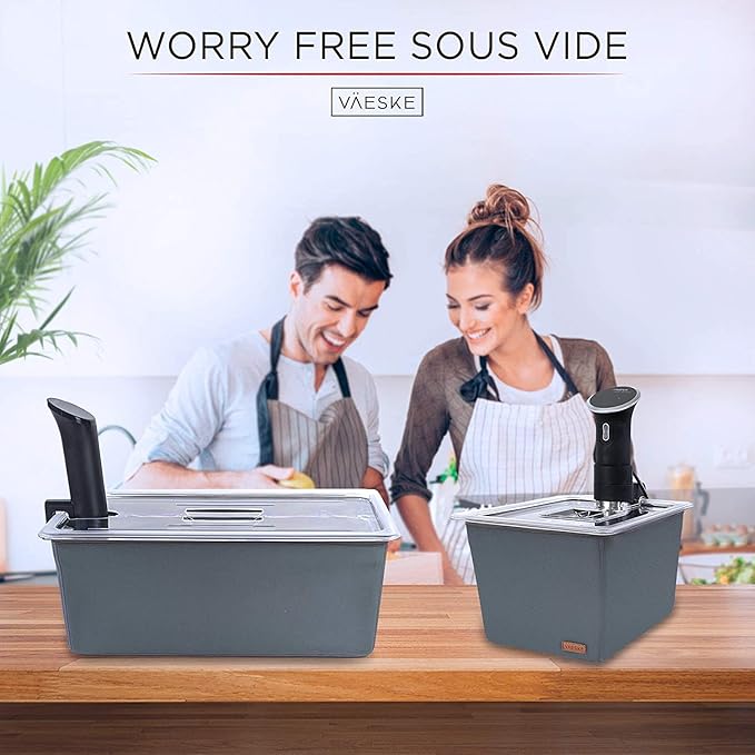 VÄESKE Professional Large Sous Vide Container with Lid, 2 Sous Vide Racks & Insulating Sleeve | Neoprene Retains Heat | Compatible with Anova, Nano, Inkbird, Most Sous Vide Cookers (26 QT)