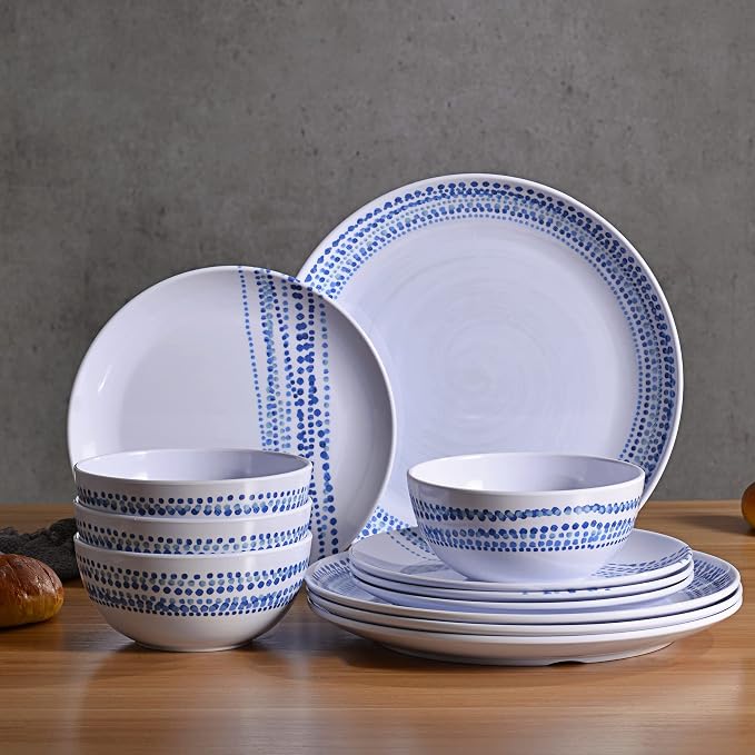 Melamine Dinnerware Sets, 12Pcs Plates and Bowls Sets Dinnerware Sets for 4, Unbreakable Dish Set for Indoor and Outdoor Use, Dishwasher Safe Raindrops Design