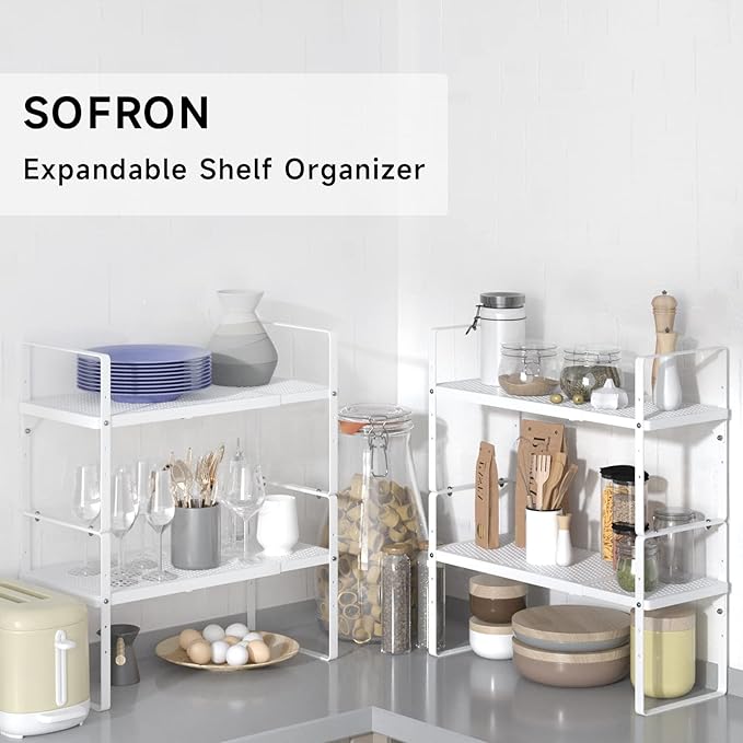 Expandable Cabinet Storage Shelf Stackable Organizer Rack for Kitchen Bathroom Pantry Spice Cupboard Coffee Countertop Home Office Desk Heavy Duty Nonslip White Small 2 Packs