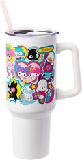 Silver Buffalo Sanrio Hello Kitty & Friends Cinnamoroll, Kuromi, Chococat, Badtz-Maru, Keroppi, Sticker Double Walled Stainless Steel Tumbler w Handle and Straw, Fits in Standard Cup Holder, 40 Ounces