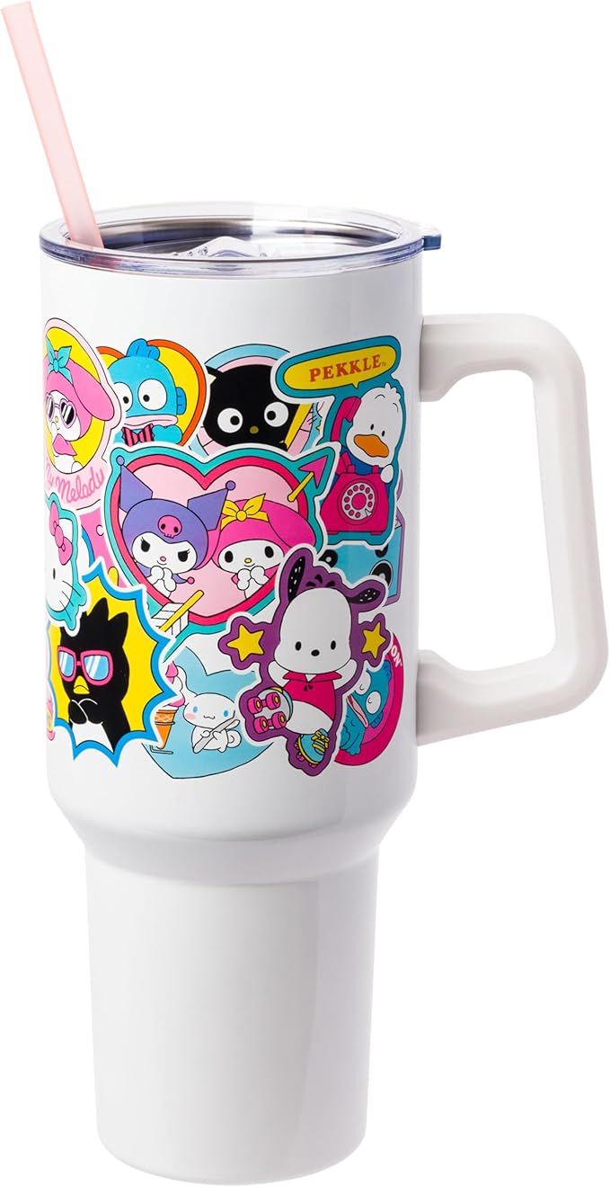 Silver Buffalo Sanrio Hello Kitty & Friends Cinnamoroll, Kuromi, Chococat, Badtz-Maru, Keroppi, Sticker Double Walled Stainless Steel Tumbler w Handle and Straw, Fits in Standard Cup Holder, 40 Ounces