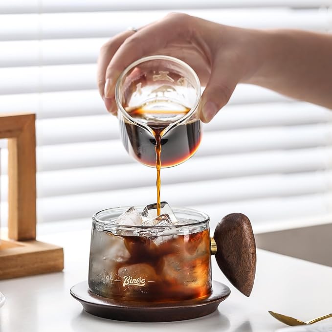 Bincoo Glass Coffee Cups and Saucers Set,250ML Clear Glass Iced Coffee Mug Espresso Cup Tea Cup with Walnut Coaster and Handle