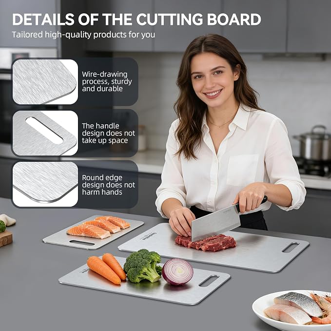 Titanium Cutting Board, 100% Pure Titanium Cutting Boards for Kitchen, Double-Sided Non-Toxic Cutting Board, Ideal for Slicing and Dicing Meats, Features Handle, Dishwasher Safe,13"L*8"W（silver）