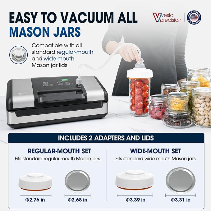 Vesta Precision 12" Vacuum Sealer Machine for Liquid & Moist Foods, Smart Heat Sealing Prevents Bag Melting, Built-in Cutter & Roll Storage Fits 2X20’ or 1X50' Rolls, Mason Jar Kit, Sous Vide, V23