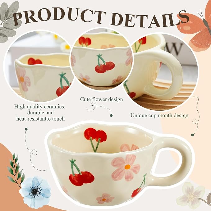 Vesici 1 Set Ceramic Coffee Mug Set with Saucer and Spoon Cute Mothers Day Gifts for Mom 8.5 oz Vintage Floral Tea Cup Aesthetic Mug Gift for Women, Dishwasher and Microwave Safe (Classic Style)