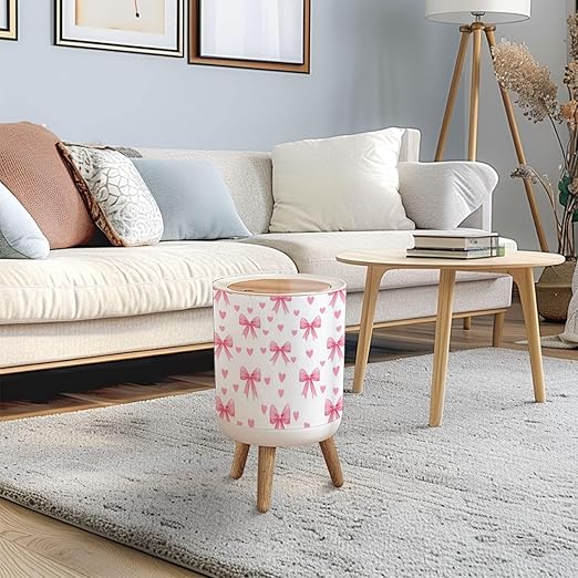 Trash Can with Lid Cute Coquette Aesthetic Seamless Pink Ribbon Bow White Press Top Round Small Garbage Bin with Wooden Legs Waste Basket for Kitchen Bedroom Nursery 7L/1.8 Gallon